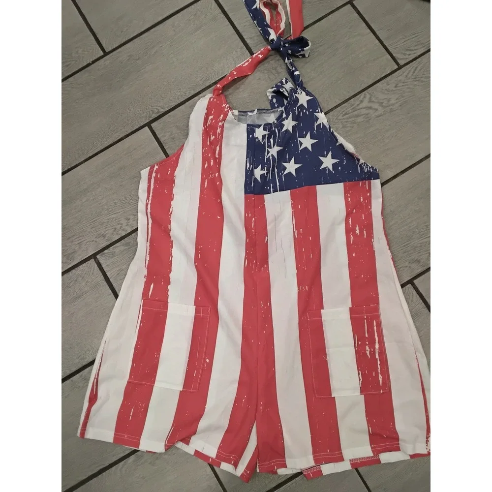 American Flag Romper Patriotic Stars and Stripes Halter Neck Jumpsuit-L